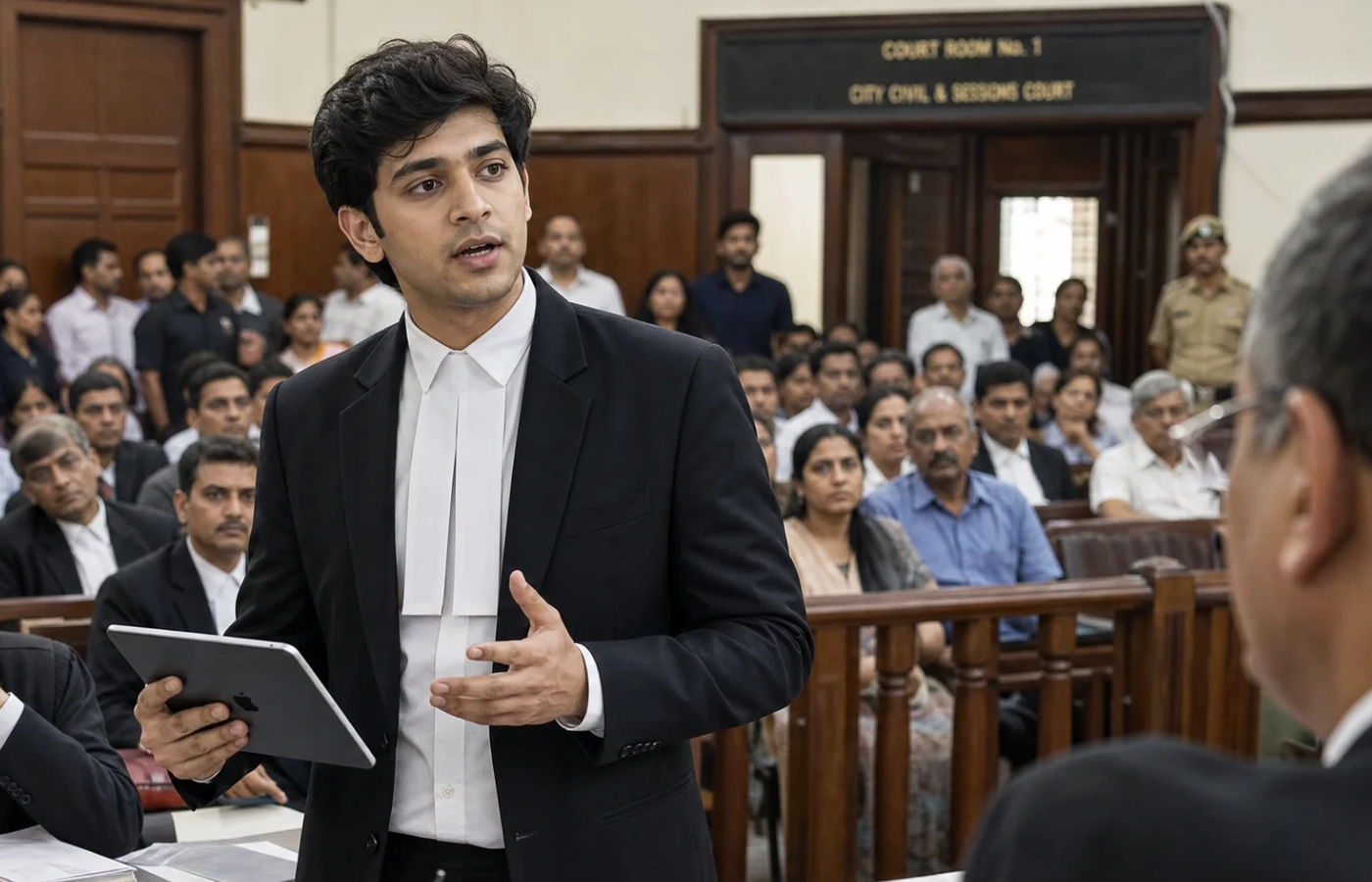 Young lawyer presenting in court